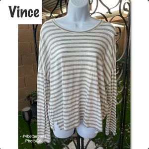 Vince Scoop Neck Stripe Cotton Classic Long Sleeve Shirt Lg